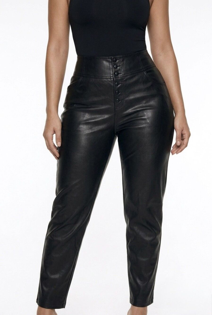 NWT Bar III Faux Leather High Rise Button Fly Black Pants Women's 14